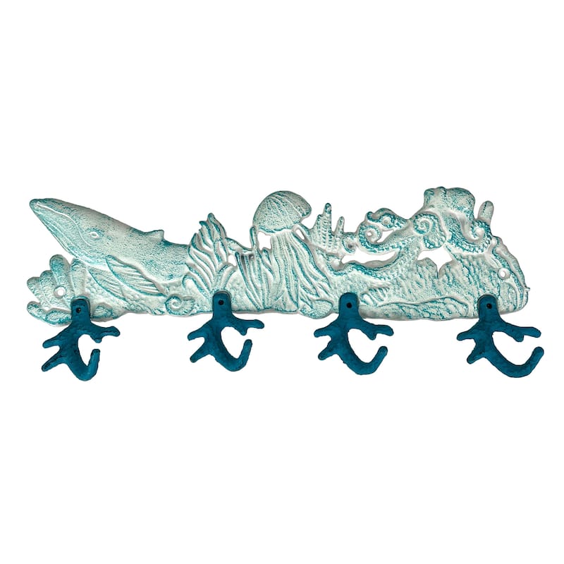 Cast Iron Sealife Plaque With Coral Hooks - Coastal Wall Decor - 5.75 X 15.5 X 2 inches