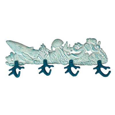 Cast Iron Sealife Plaque With Coral Hooks - Coastal Wall Decor - 5.75 X 15.5 X 2 inches