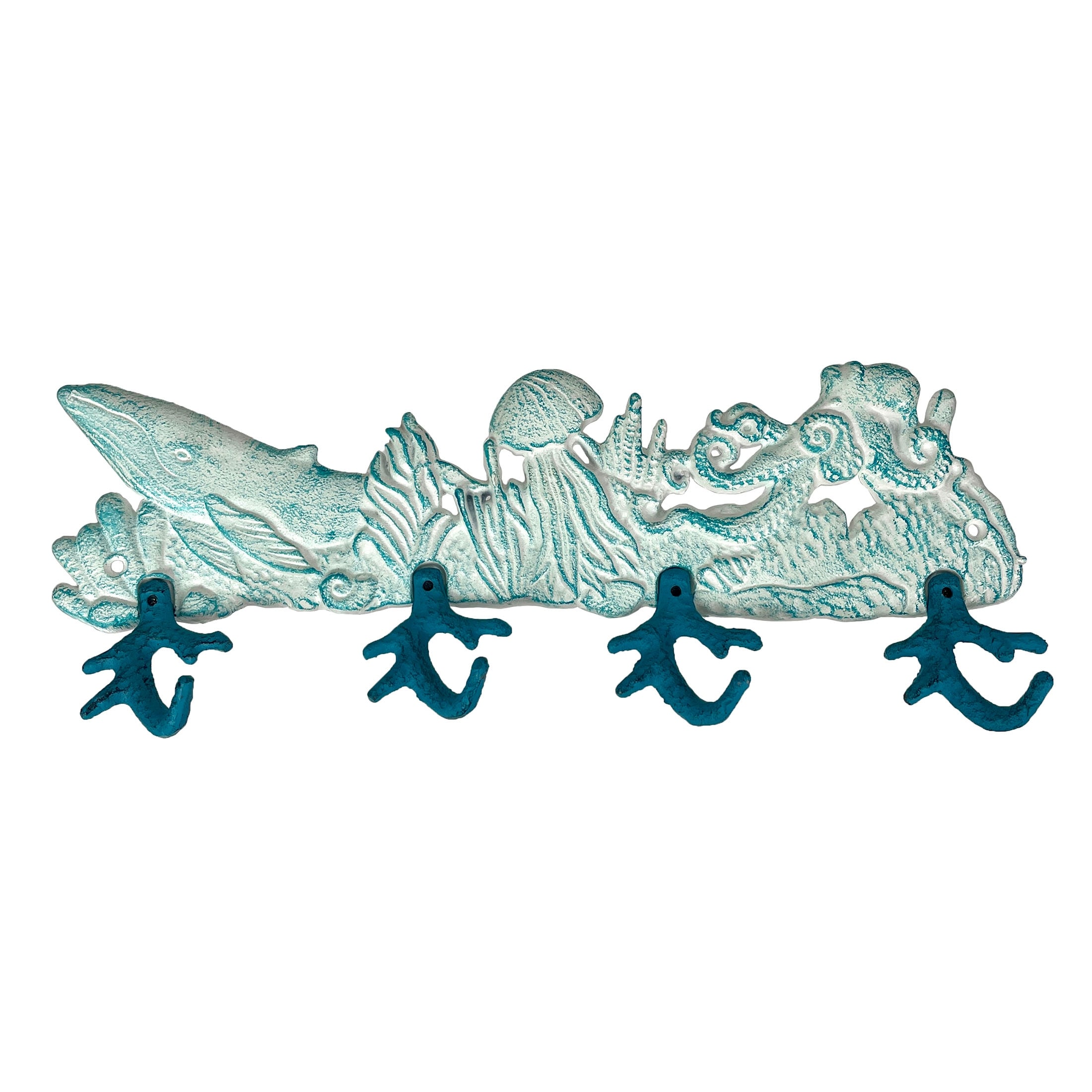 Cast Iron Sealife Plaque With Coral Hooks - Coastal Wall Decor - 5.75 X 15.5 X 2 inches