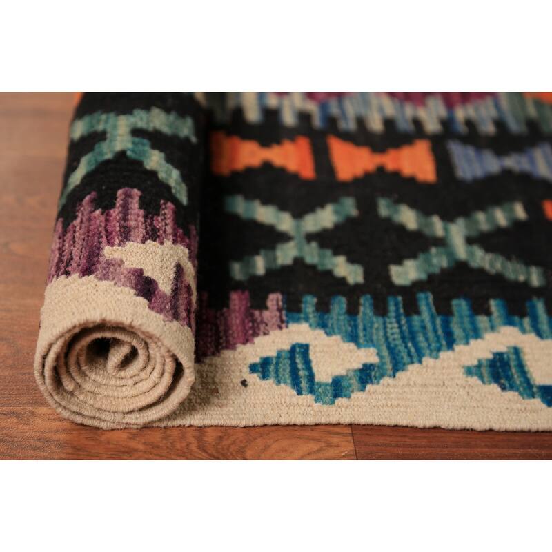 Geometric Kilim Area Rug Flatweave Oriental Orange Wool Carpet - 8'5"x 11'3"