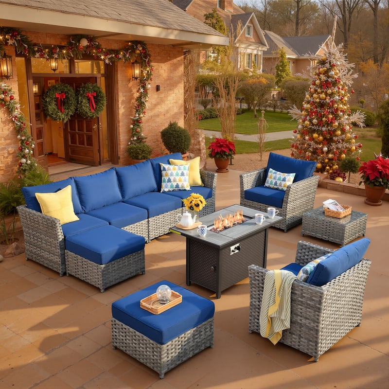 XIZZI 10-piece Patio Furniture Outdoor Sectional Sofa Set with Fire Pit - Navy Blue