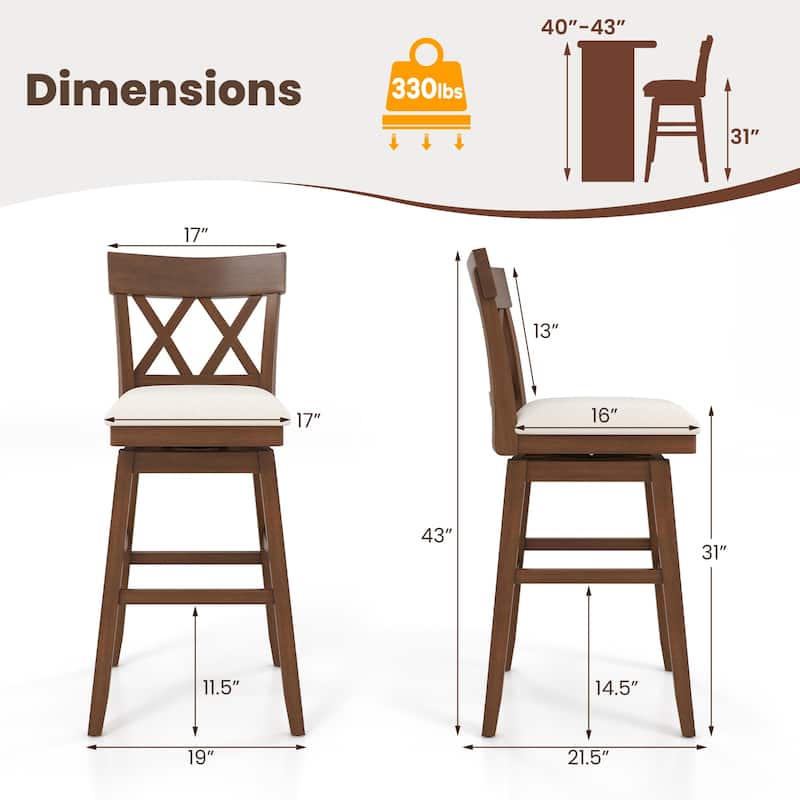 31" Tall Swivel Bar Chair with Ergonomic Backrest and Upholstered Seat for Kitchen Counter or Bar Island - 21.5" x 19" x 43"
