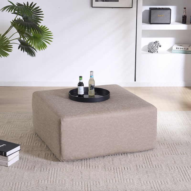 Oversized Square Ottoman Coffee Table, Faux Leather Couch Ottoman Large Footstool for Living Room - Beige Grey