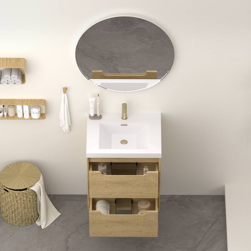 Solid Wood Bathroom Vanity with Integrated Resin Sink, Handle-Free Modern Design - 24"