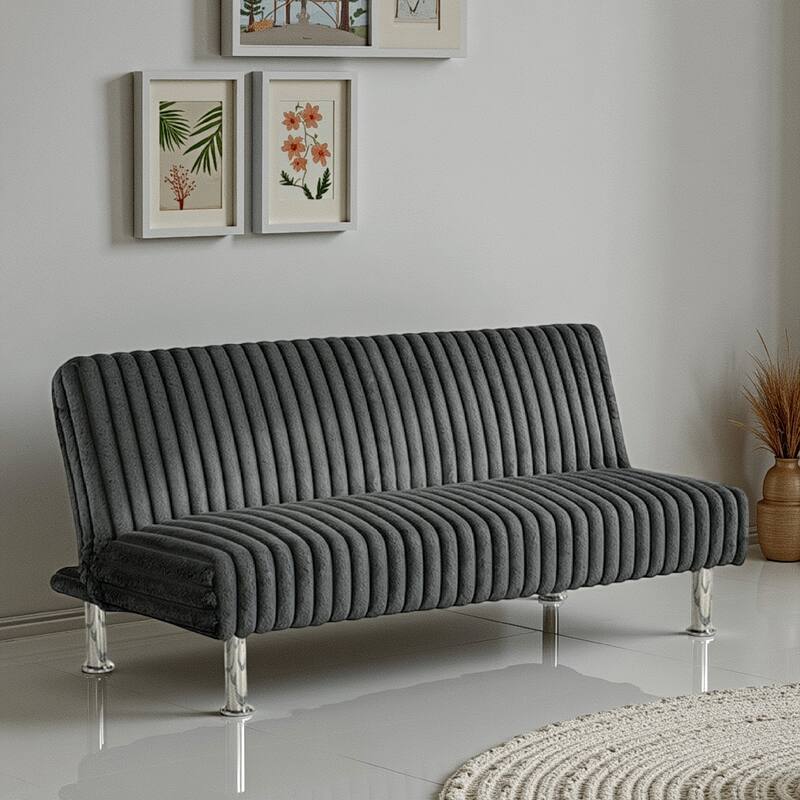 Hini Fold Out Futon Sofa Bed, Dark Gray, Modern Chrome Metal Legs