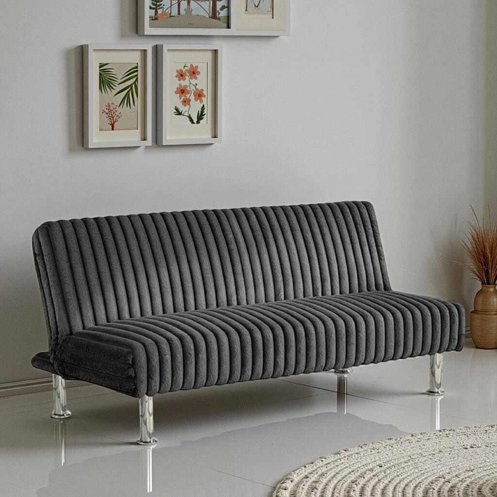Hini Fold Out Futon Sofa Bed, Dark Gray, Modern Chrome Metal Legs