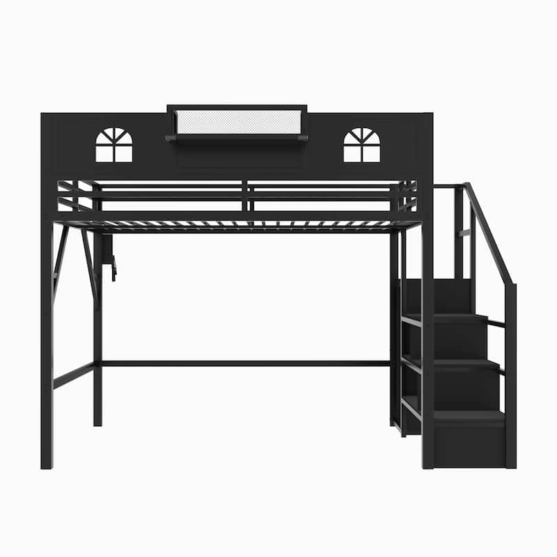 High Loft Bed Frame with Storage Stairs and Wardrobe, Loft Metal Frame Bed with High House Shaped Guardrails for Kid Teens