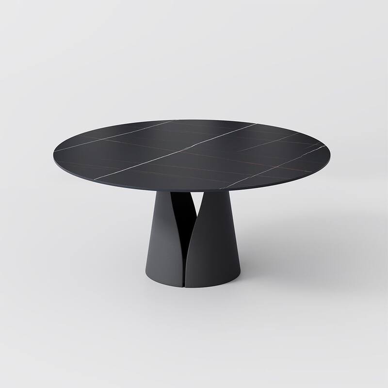 Modern Round White Dining Table，Sintered Stone Tabletop, Solid Black Carbon Steel Base