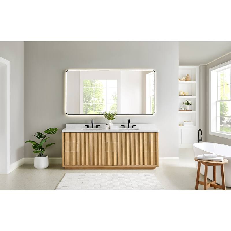 Clayton Bathroom Vanity in Washed Light Brown with Grain White Engineered Stone Countertop without Mirror