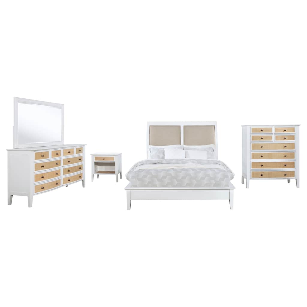 Heo 5pc Queen Bedroom Set, Rattan Woven Drawer, Brown Fabric, White