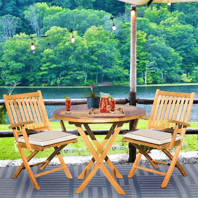 Seven Seas Teak 3 Piece Teak Wood Long Beach Patio Bistro Dining Set, 36" Round Folding Table with 2 Folding Arm Chairs