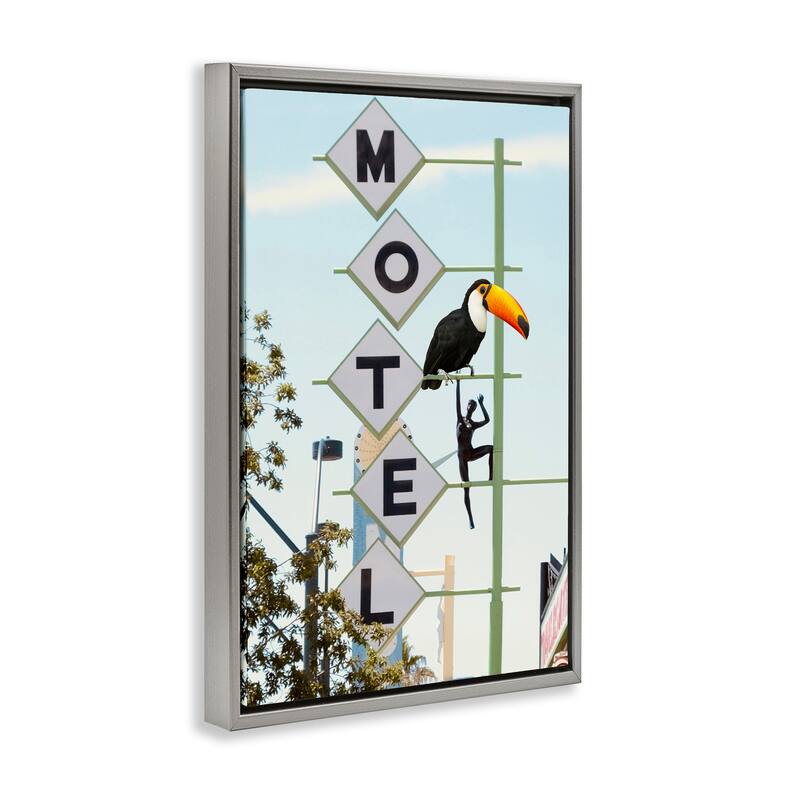 Stupell Toucan on Motel Sign Framed Floater Canvas Wall Art Design By Ashley Singleton