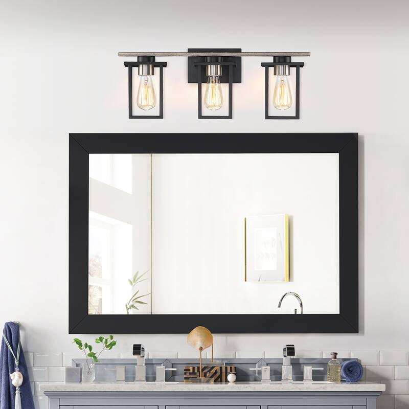 Matt Black/Wood Tone Rustic Farmhouse Bathroom Vanity Light with Open Cage Shades