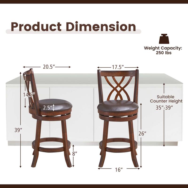 2 PCS 26"/30" Swivel Barstools Bar Chairs W/ Wood Frame and Footrests - Bar Height/Counter height/Counter Height
