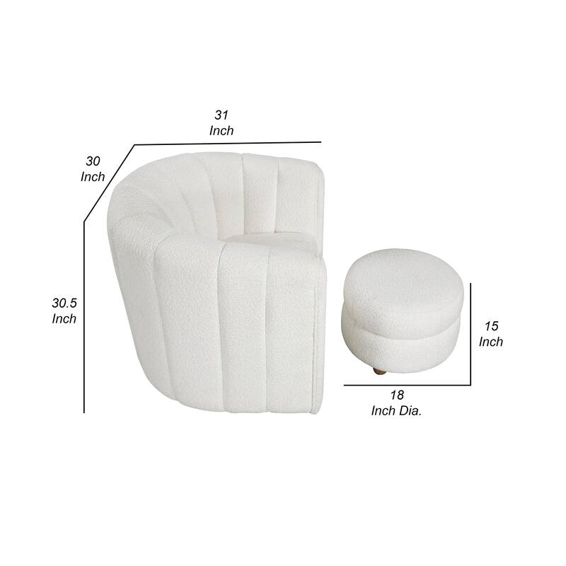 Noa Swivel Chair and Ottoman, Channel Tufted Curved Back, White Boucle