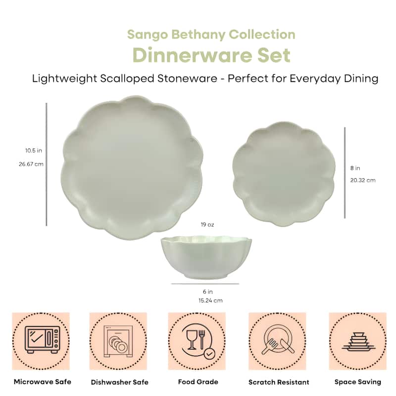 Sango Bethany 12-Piece Stoneware Dinnerware Set - Service for 4, Scalloped Plate & Bowl Set
