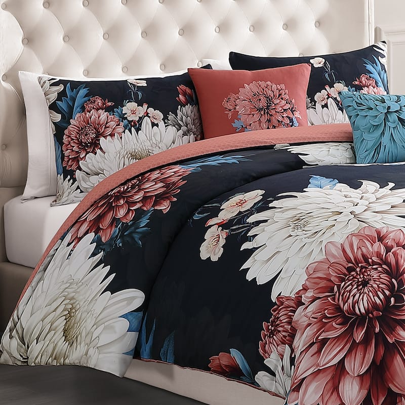 Bebejan Navy Mums 100% Cotton Sateen 5 Piece Reversible Comforter Set