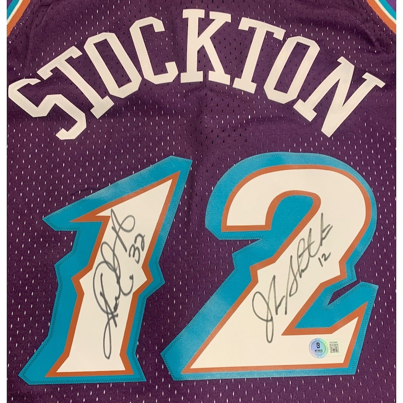 John Stockton and Karl Malone Autographed Utah Jazz Signed Mitchell and Ness Swingman Basketball Jersey Beckett Beckett COA A