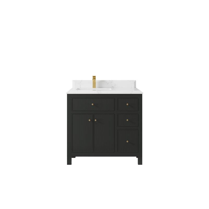 Willow Collections 36 in W x 22 in D Sonoma Left Offset Free Standing Reeded Bathroom Vanity with Countertop - 1.5" Empira White - Black Top