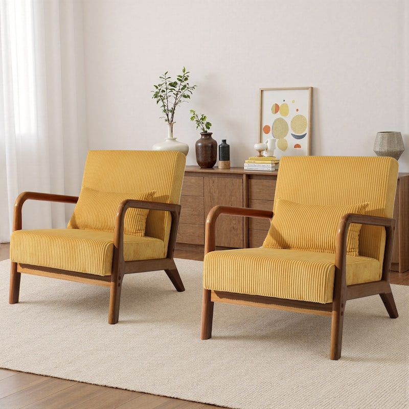 25" W Mid Century Upholstered Wood Accent Chair with Pillow set of 2