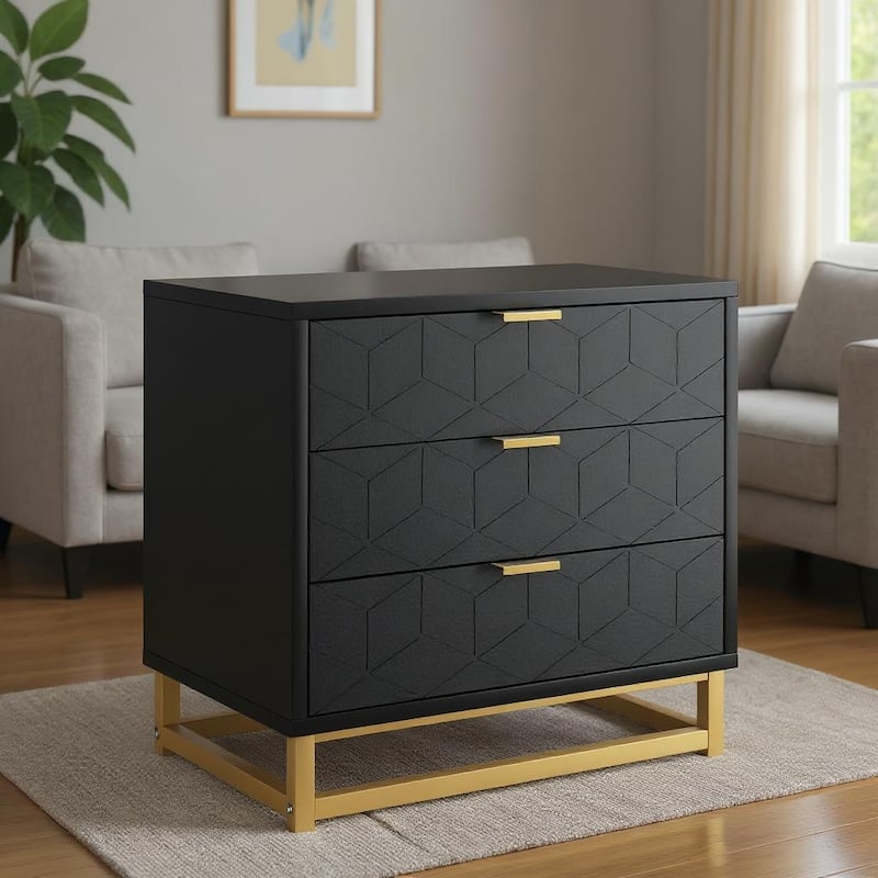 3 Drawer Dresser, with Metal Legs and Gold Handles - Black