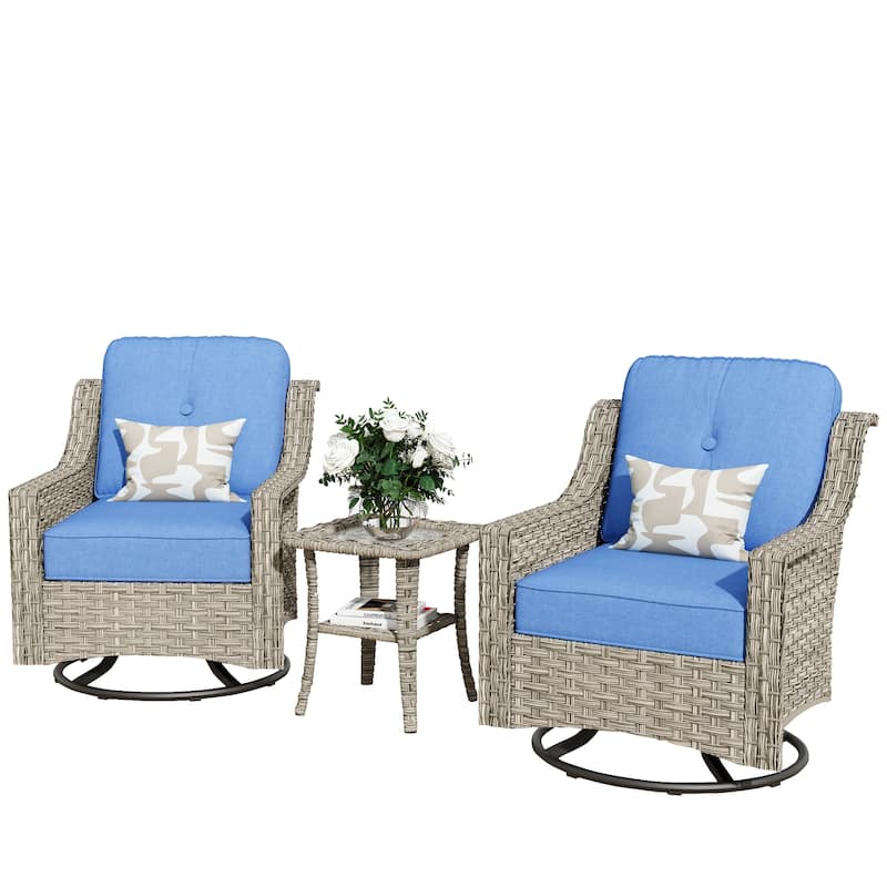 XIZZI 3-Piece Swivel Rocking Chair Rattan Wicker Outdoor Patio Furniture Bistro Set