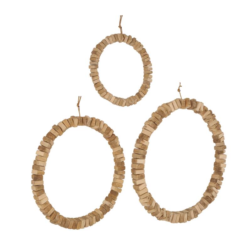 Brown Wood Beaded Abstract Home Wall Decor with Hanging Rope (Set of 3)