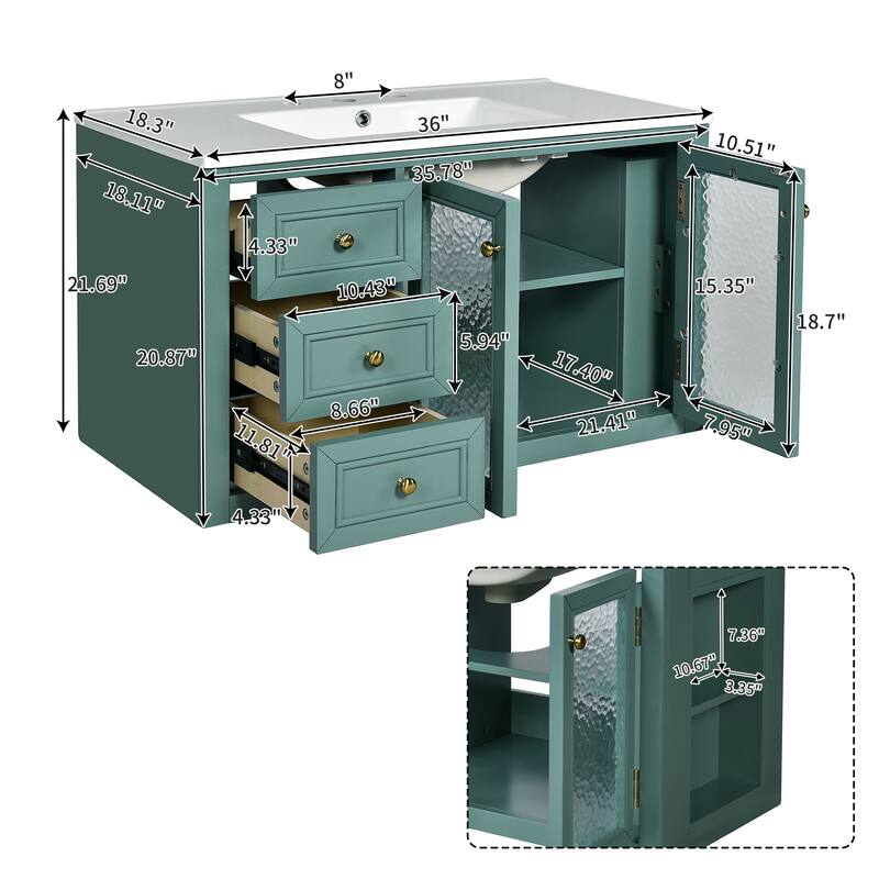 GDFStudio 36'' Wall Mounted Bathroom Vanity with Ceramic Sink, Floating Bathroom Storage Cabinet with 3 Drawers