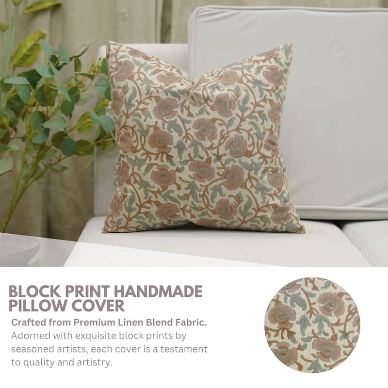 Fabdivine Hand Block Print Floral Pillow Cover Linen Cushion Case for Sofa Guest Room Fall Home Accent Gift, Shehjan