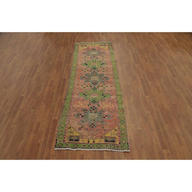 Hand Knotted Oriental 100% Wool Carpet Traditional Geometric Oranges & Rust Ardebil Runner Rug - 9' 10'' X 3' 3''