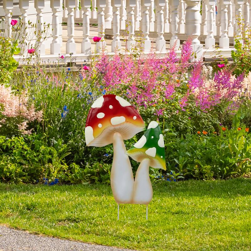 Double Mushrooms Outdoor Garden Stake - 16" - Red and Green