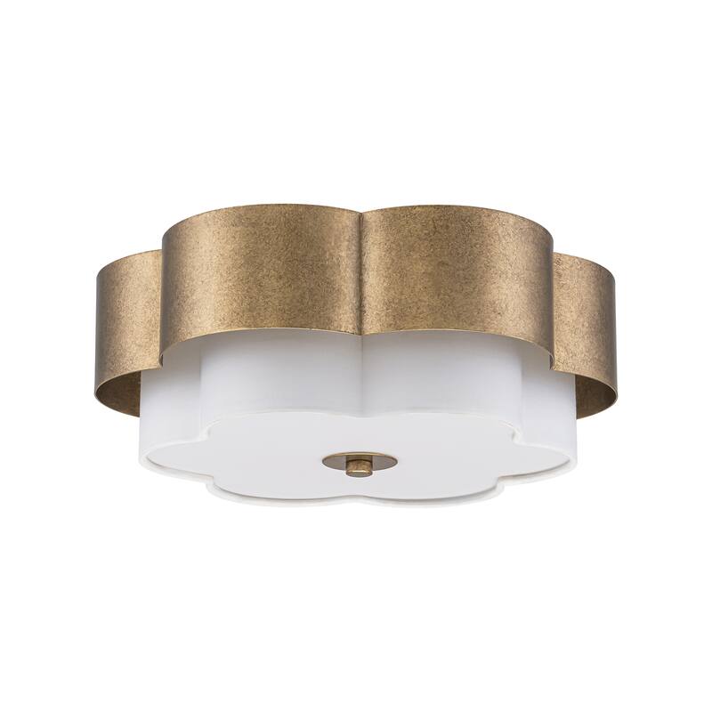 13.8" W Mid-Century Modern Tiered Flower/Circluar Drum Ceiling Light in Distressed Stain Gold with White Fabric Shade