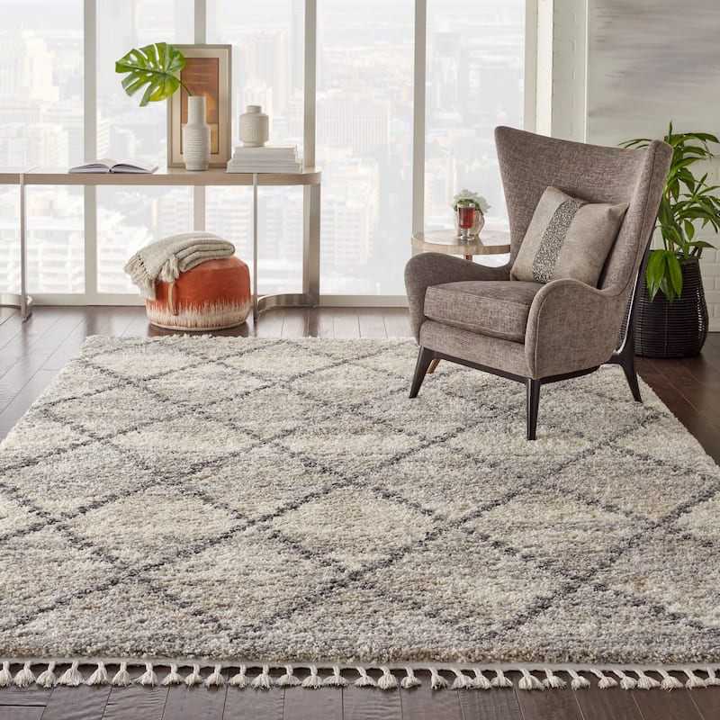 Carson Carrington Hjaltaryd Trellis Shag Area Rug - 9' x 12' - Ivory/Grey - Rectangle