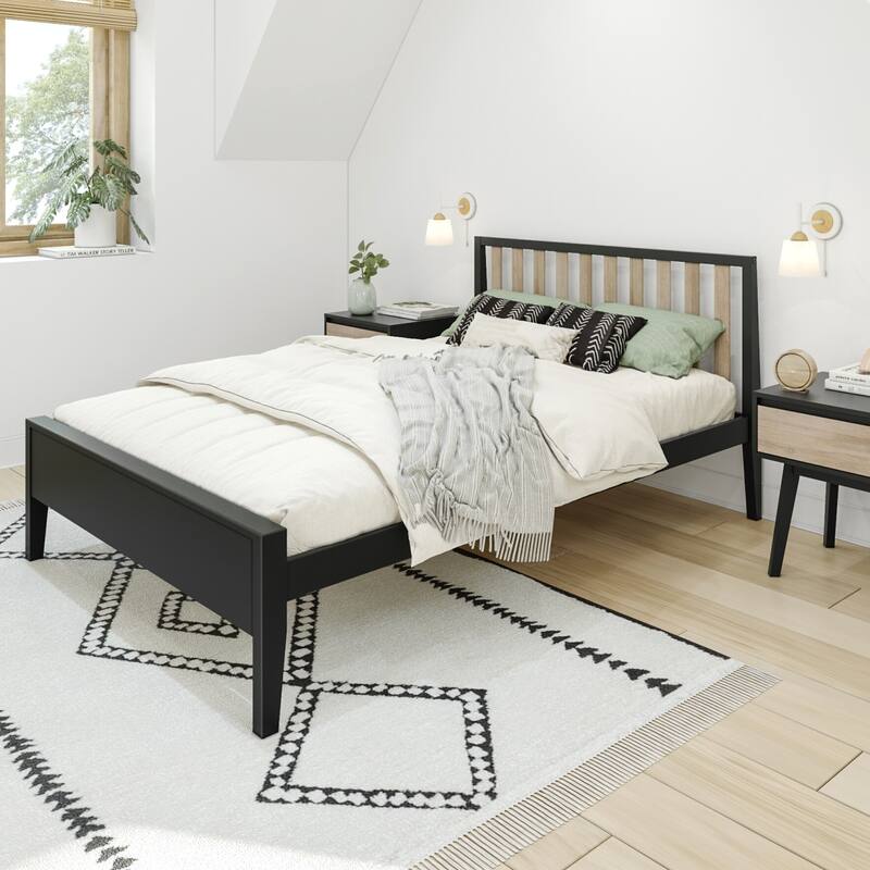 Max and Lily Scandinavian Full-Size Bed with Slatted Headboard - Black/Blonde