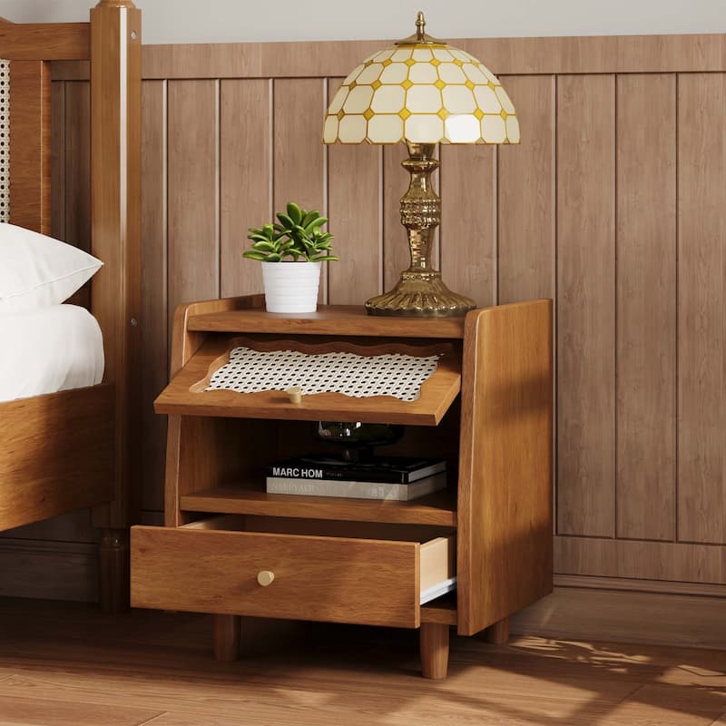 Wooden Nightstand with Rattan