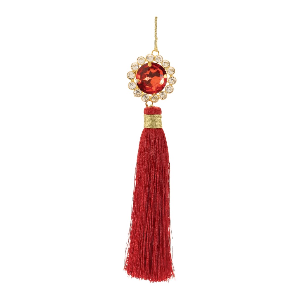 Set of 6 Red Tassel Ornaments with Gold and Jeweled Details Ideal for Holiday Tree Decorating - 2.25”L x 1”W x 7.75”H