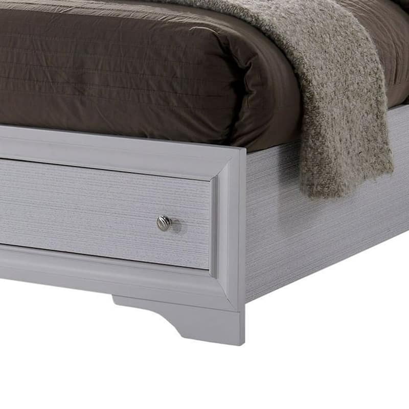 Cevy Full Size Bed, Footboard Drawers, White Wood w Glitter Accents