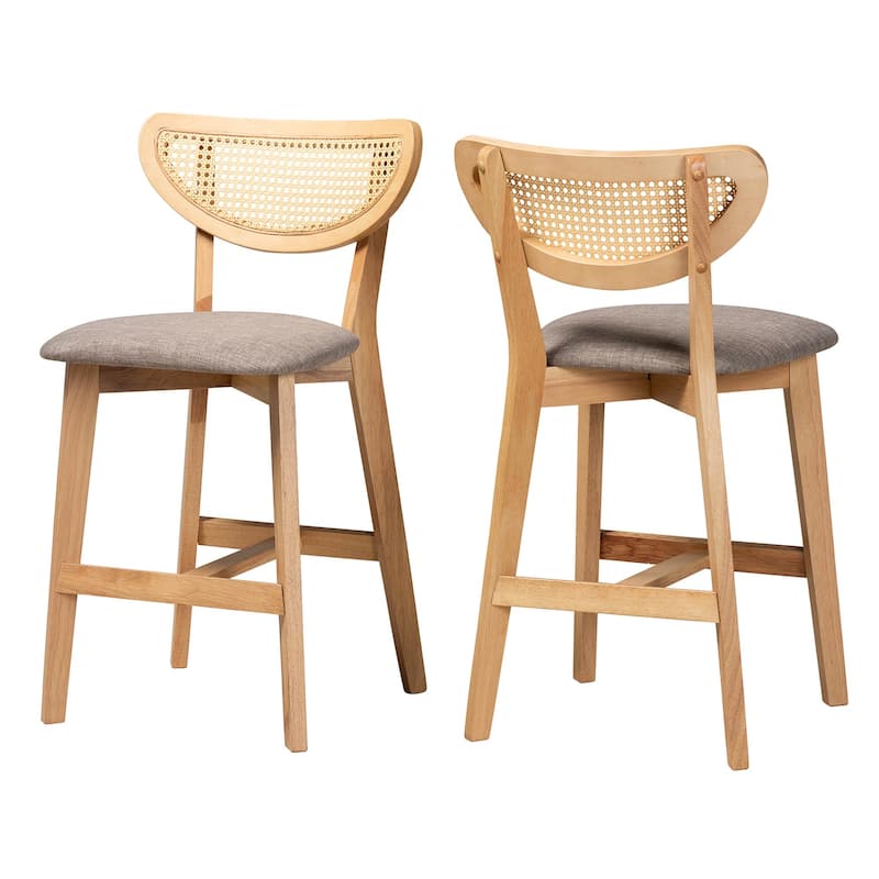 Dannell Mid-Century Modern Fabric and Wood 2-Piece Counter Stool Set - Grey, Natural Oak, Light Brown