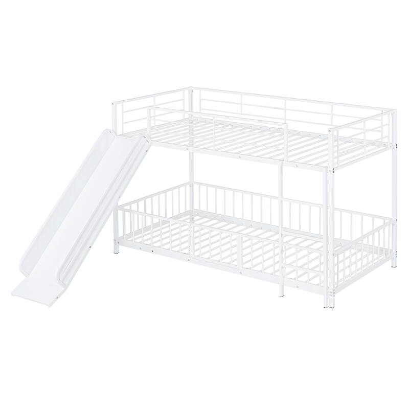 Twin over Twin Metal Bunk Bed with Slide, Guardrails & Convertible Loft Design - White