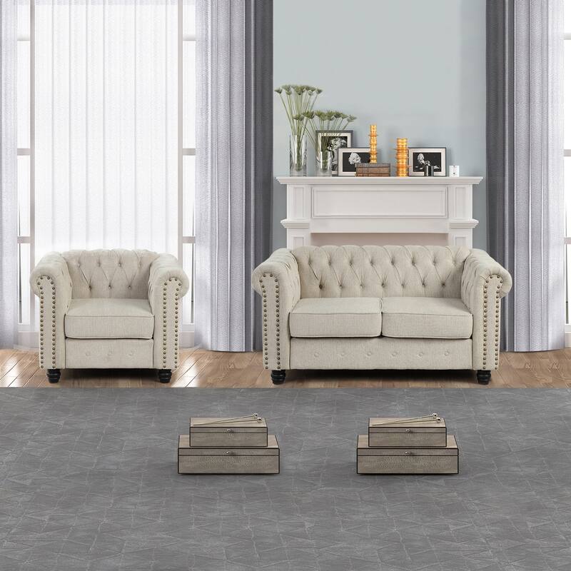 Morden Fort Button Tufted Upholstered Chesterfield Sofa Set Chair, Loveseat 2 PCS for Living Room,Linen,Solid Wood Legs - Beige
