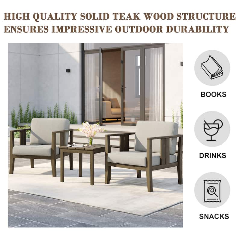 Uixe 3-piece Teak Solid Wood Outdoor Arm Chairs with Side Table Set
