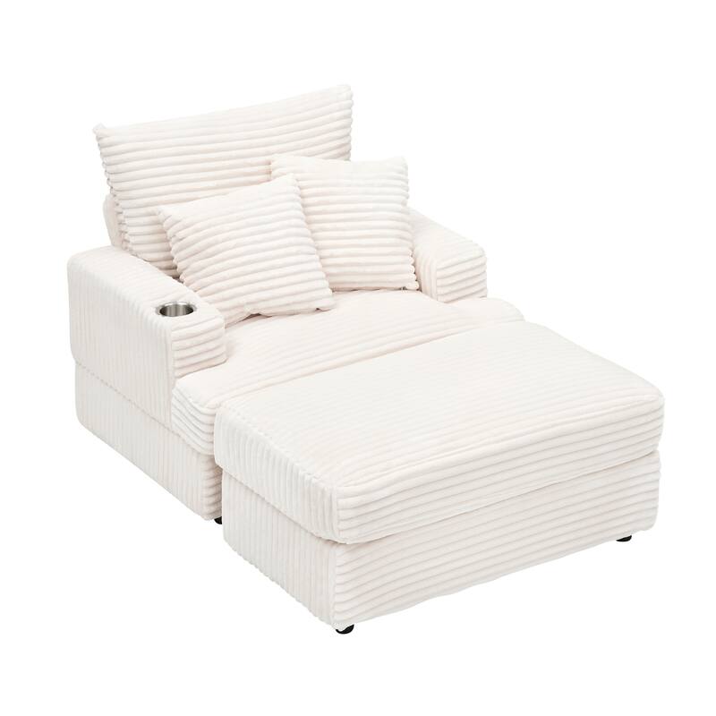 Corduroy Armchair Ottoman Set with Cup Holder, Spring Cushion and 2 Throw Pillows