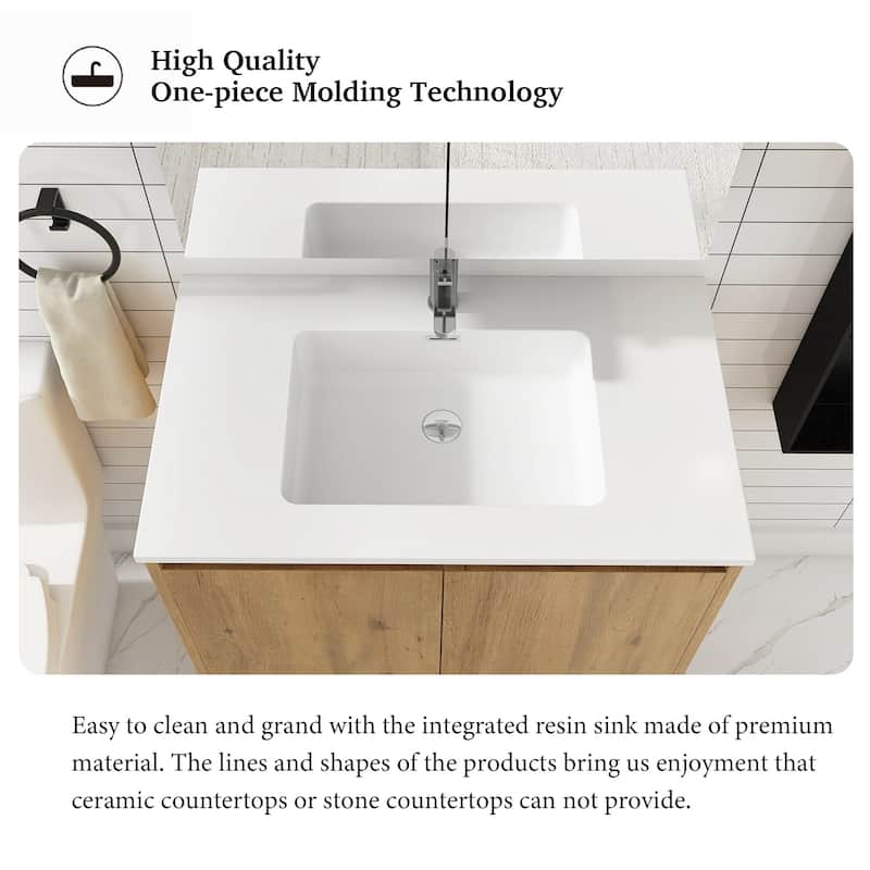 Freestanding Bathroom Vanity Set in Oak with Integrated Solid Surface Sink