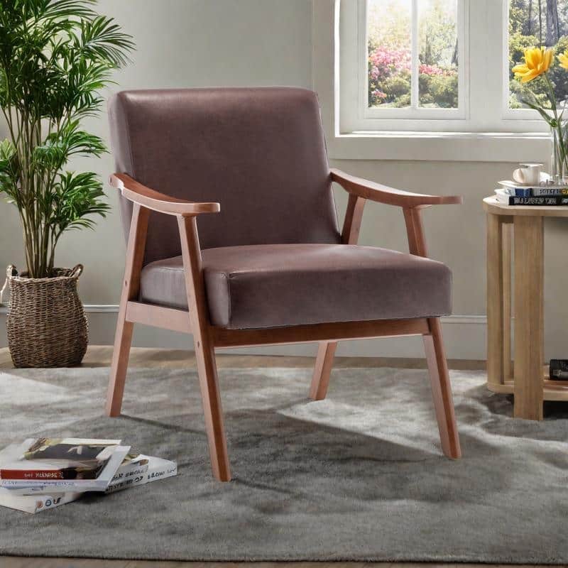 Mid-Century Accent Chair with Thick Cushion and Solid Wood Frame Wingback Chair (300lb Capacity) - Dark Brown
