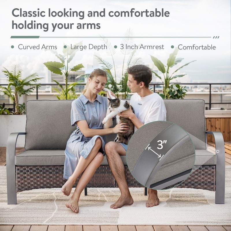 3 Piece Outdoor Patio 3 Seat Sofa & Ottoman - Grey Cushion - Brown