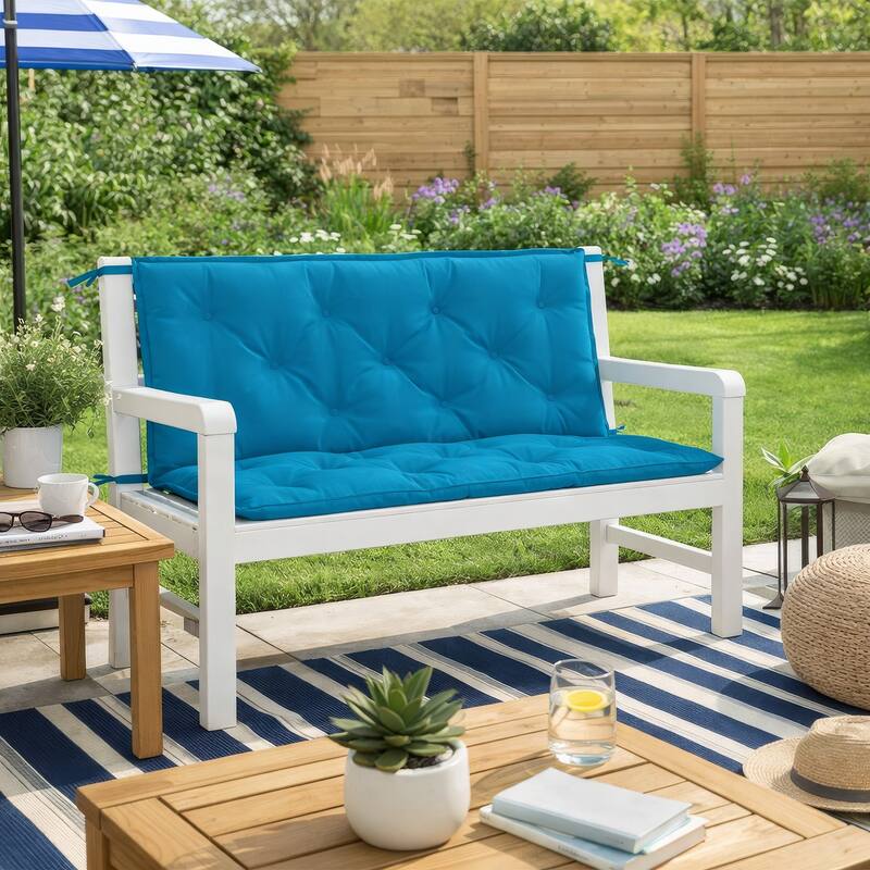 Claire Outdoor Cushion for Bench, 47 Inch Button Tufted Blue Fabric