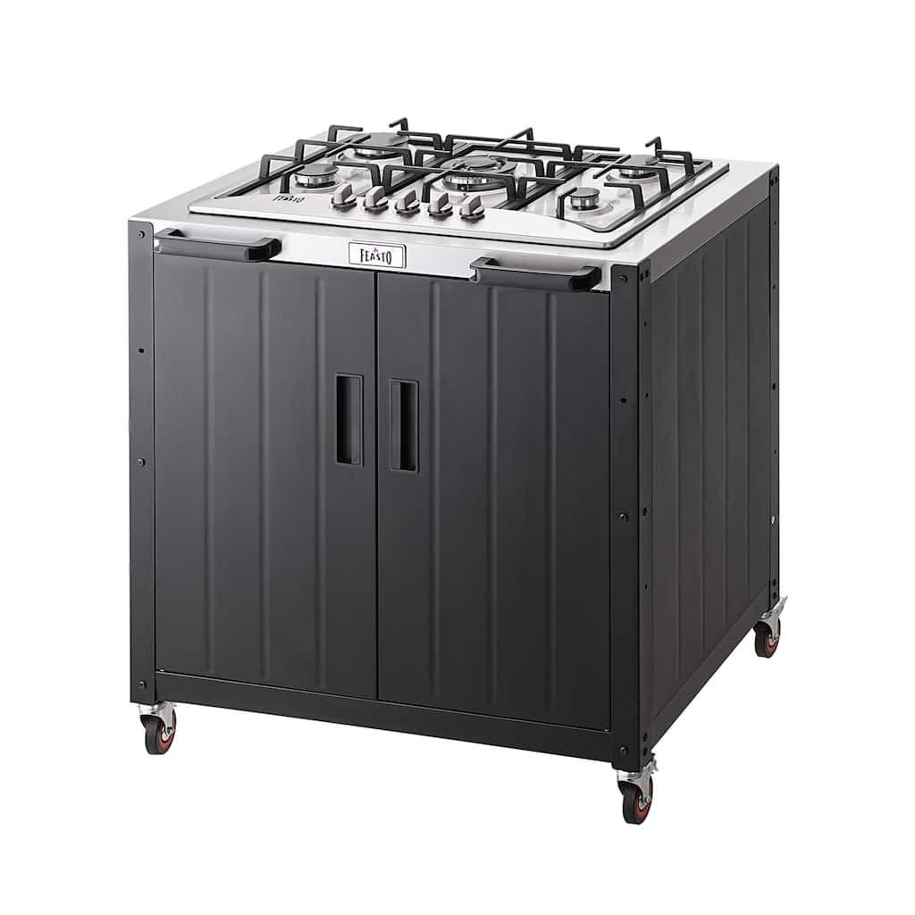 Feasto Gas Grill, Black, Movable Outdoor Gas Stove Stainless Steel Top with Cabinet
