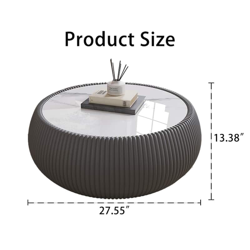 27.55" Round Coffee Table, Faux Marble Top Drum Shape Low Coffee Table, Modern Center Table with Leather Frame for Living Room