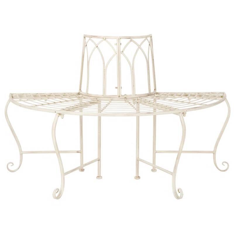 Iron Outdoor Half-Circle Patio Garden Tree Bench - 23.5'' D x 50” W x 30.75” H - Antique White