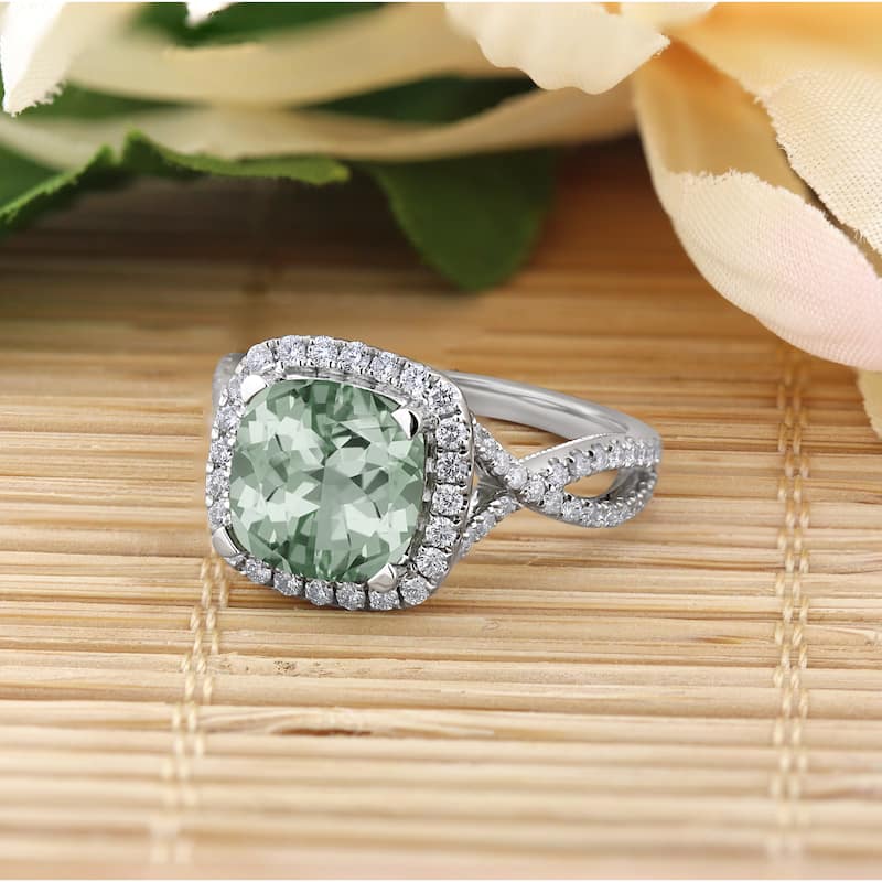 Auriya 1 7/8ct Cushion-cut Green Amethyst and Halo Diamond Engagement Ring 1/2cttw 14k Gold